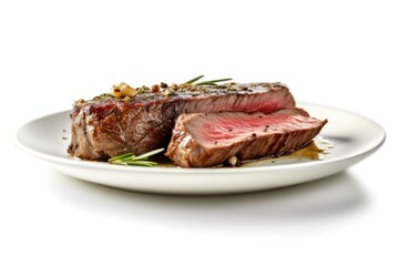 wagyu beef steak Roast in vintage plate white background Cinematic Editorial Food Photography