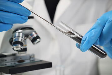 Scientist in rubber gloves takes black soil from test tube