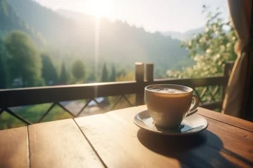 Food, leisure and travel concept. Cup of coffee placed on table in green mountains landscape background background during early morning. Sun illuminating balcony. Generative AI © Rytis