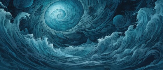 Surreal whirlpool of icy cold blue ocean tsunami swirl of destructive crashing waves swirl, turbulent and dangerous gale force winds storm on a unexplored alien water planet - generative AI  - obrazy, fototapety, plakaty