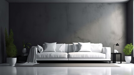 White sofa against a black wall, next to the window, the rays of the sun illuminate the room
