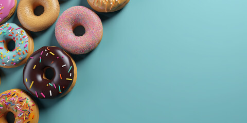 colorful set of donuts with chocolate, pink, with stripes on the blue background with empty space - obrazy, fototapety, plakaty