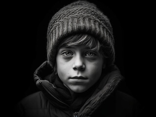 black and white portrait of a kid in solemn face sad victim