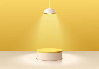 Realistic 3D yellow and white pedestal podium background with lighting of hanging neon lamp. Wall minimal scene mockup product stage showcase, Cosmetic promotion display. 3D abstract vector platforms.