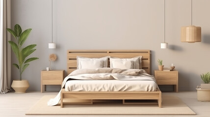 bedroom with natural wood furniture and a beige color scheme, empty wall, good for frame mockup template	