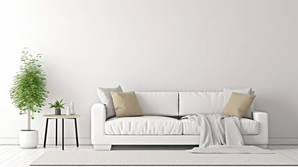 White sofa with empty blank white wall background, good for photo, art frame template on the wall	, interior design concept