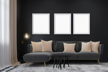 Black sofa with white mock up frames on the black wall in contemporary living room, interior design concept