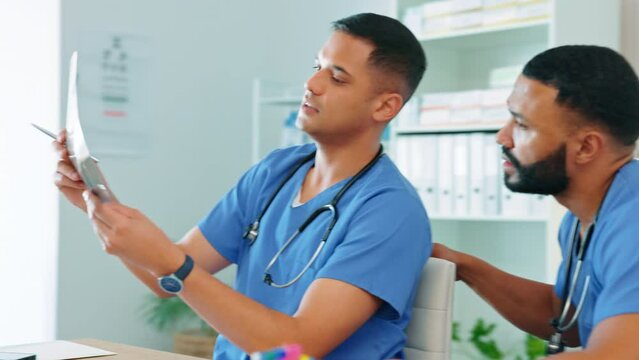 Medical men, teamwork and x ray for doctors or nurses for healthcare, medicine and health insurance. Male workers talking in a hospital for xray collaboration, professional care or surgery discussion