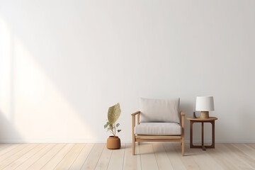 The interior has a armchair on empty blank white wall background, good for photo, art frame template on the wall	