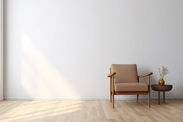 The interior has a armchair on empty blank white wall background, good for photo, art frame template on the wall	