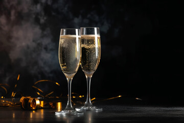 Two glasses of champagne, celebration party banner empty space, wedding, new year concept