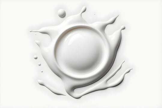 Top view of milk splash and pouring, yogurt or cream isolated on white floor, Generative AI illustration