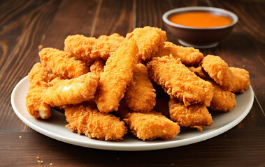 A Generative AI Illustration of Breaded Chicken Strips with Dipping Sauce