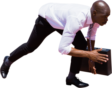 Digital png photo of focused african american businessman ready to run on transparent background
