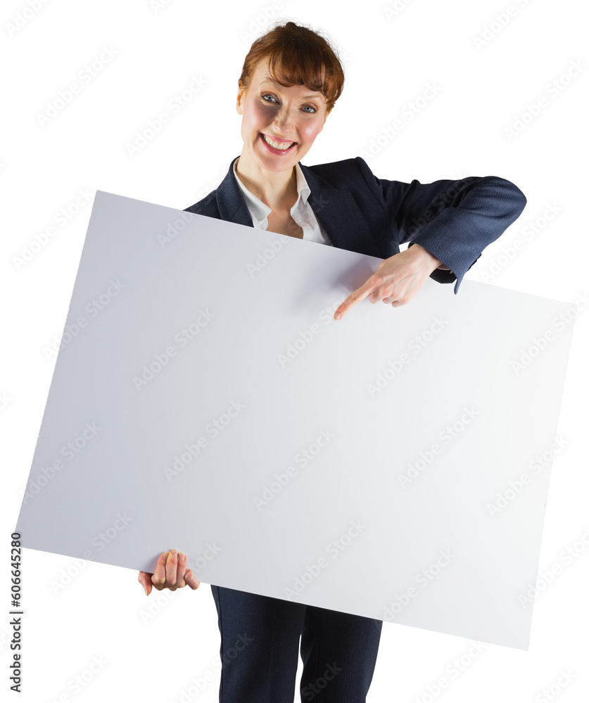 Wall mural Digital png photo of smiling caucasian businesswoman holding blank board on transparent background