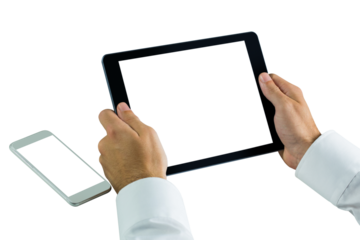 Digital png photo of businessman holding tablet with blank screen on transparent background