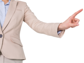 Digital png photo of mid section of asian businesswoman pointing finger on transparent background