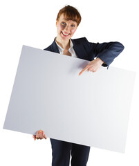 Digital png photo of smiling caucasian businesswoman holding blank board on transparent background