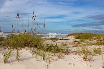 Green grassy sand dune in front of beach, surf waves and blue sky with clouds