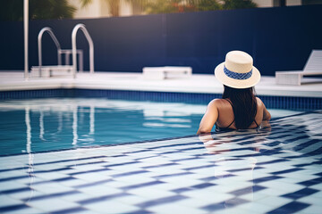 beautiful young woman in a hat relaxing in a swimming pool