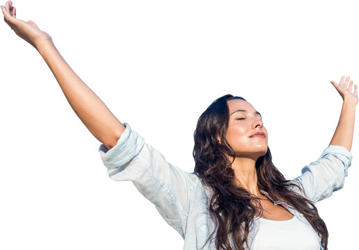 Digital png photo of happy caucasian woman with arms raised on transparent background