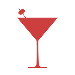 Digital png illustration of red cocktail with olive on transparent background