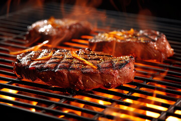 Fototapeta na wymiar Grilling steaks on flaming grill. Pork or beef hot bbq. ai generated.