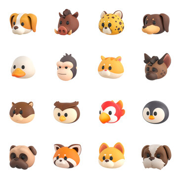 Set of cute animal heads 3d render