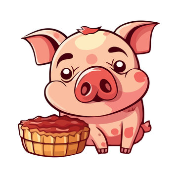 Cute cartoon piglet smiling with cake