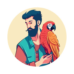 man holding cute pet macaw