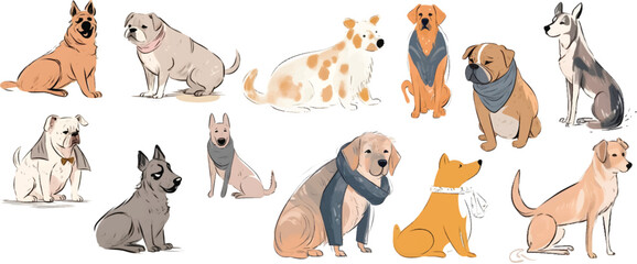 Hand drawn different poses of dogs vector isolated white background. for fashion book and textile print concept.