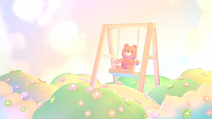 3d rendered cartoon bear sitting on a wooden swing in a flower garden.