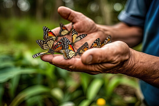 two butterflies being held in the palm of a person's hand while they are looking at each other butterflies. Generative Ai