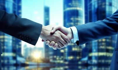Corporate man handshake background, corporate glass cityscape background, business handshake background