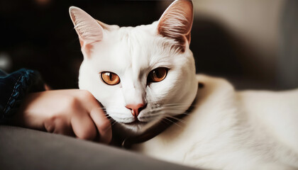 White cat in human lap on sofa in human house. Pet and animal concept. Generative AI