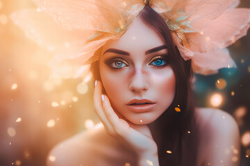 Close up portrait of Beautiful young fairy in enchanted magical forest. Butterfly wings, stunning pastel crystals, glitter light sage and blush and gold, flowers