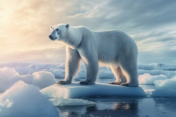 Fototapeta na wymiar image of a polar bear on an ice floe with icebergs in the background
