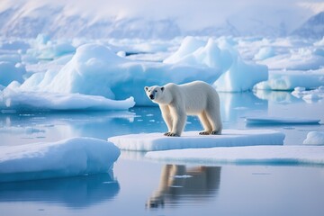 image of a polar bear on an ice floe with icebergs in the background