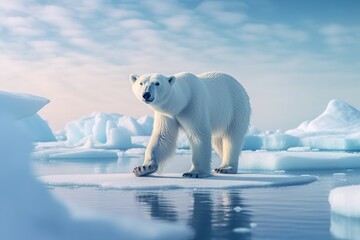 Naklejka na ściany i meble image of a polar bear on an ice floe with icebergs in the background