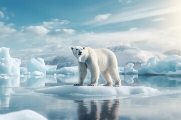 Fototapeta na wymiar image of a polar bear on an ice floe with icebergs in the background