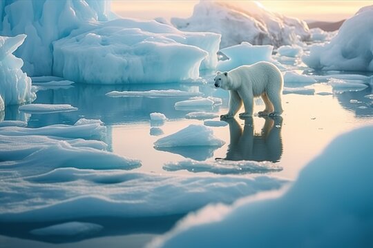 image of a polar bear on an ice floe with icebergs in the background