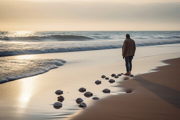 a man walking on the beach with his feet in the sand and seaguls around him as he walks along the shore. Generative Ai