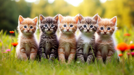 Fototapeta na wymiar Generative A.I. different cute kittens sitting in a row in the grass