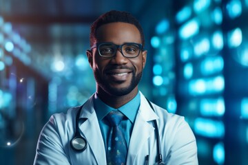 Obraz premium Portrait of young african american male doctor with stethoscope. Ai generated.