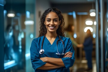 Portrait of smiling female doctor with stethoscope in hospital corridor. Ai generated. - obrazy, fototapety, plakaty