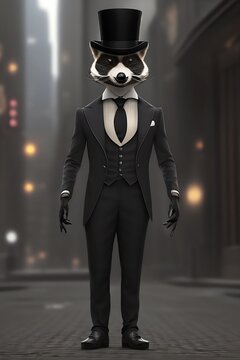 cute and adorable racoon wearing a suit and top hat, anthropomorphic, standing on the sidewalk.