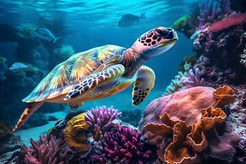 Colorful turtle on colorful coral. generative AI