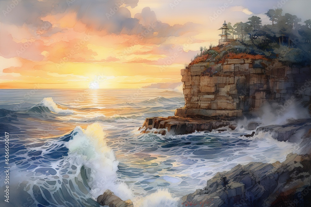 Wall mural Photo of a picturesque coastal village perched on a cliff with a stunning view of the sea , generate ai