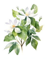 Watercolor Jasmine flower with leaves isolated on white