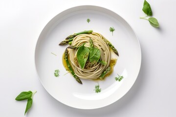 Traditional Italian spaghetti with asparagus in a herb sauce served as a top view on a Nordic design plate